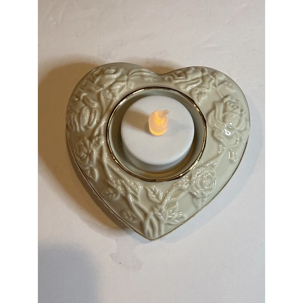 Lenox Heart Votive Tea Light Candle Holder Ivory Gold Trim Roses Floral 4